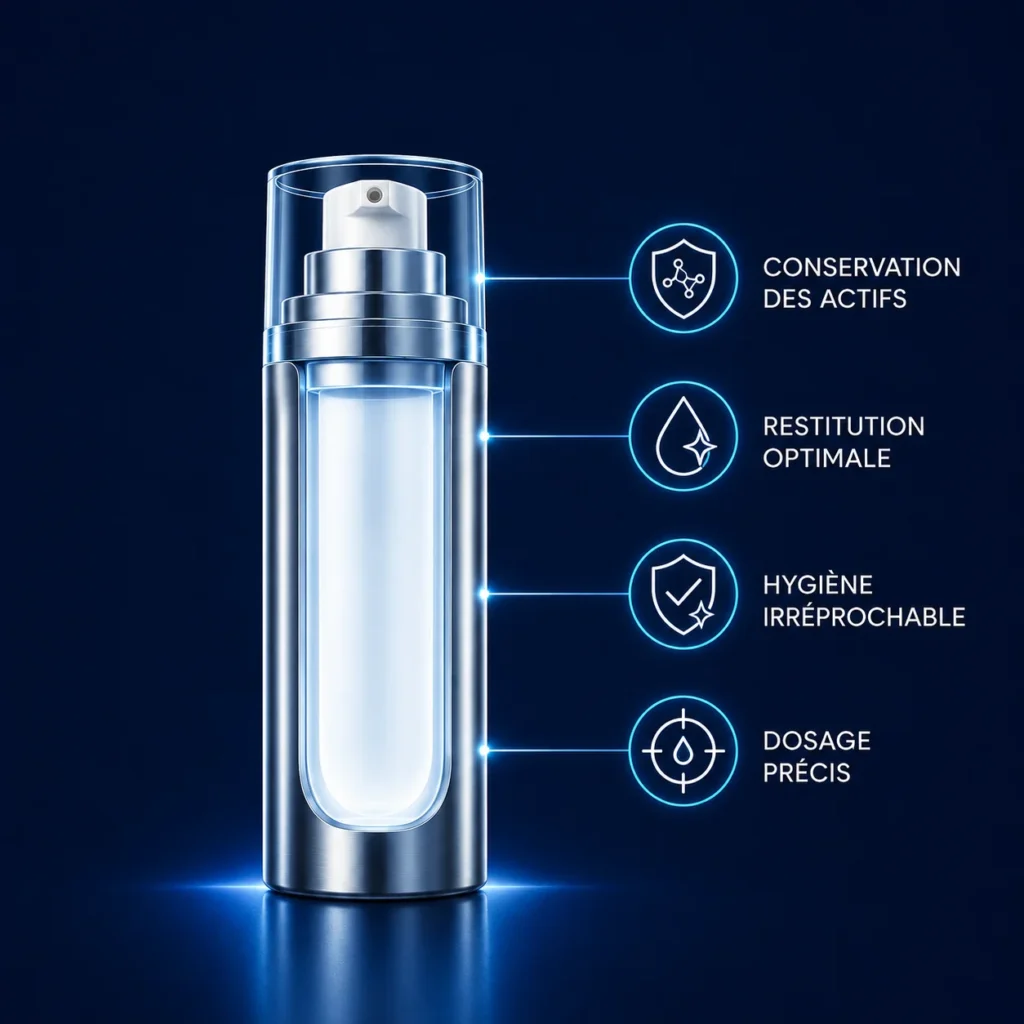 Schéma des avantages du packaging airless : conservation des actifs, restitution optimale, hygiène, utilisation 360°