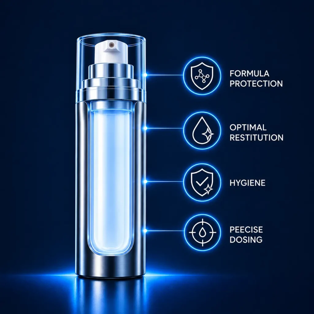Diagram showing the key benefits of airless packaging: active ingredient protection, optimal product restitution, hygienic dispensing and precise dosage.