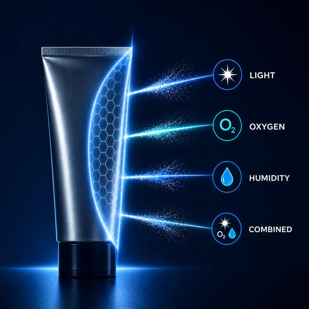 Diagram illustrating the absolute barrier properties of aluminium tubes against light, oxygen and moisture for sensitive cosmetic and pharmaceutical formulations.