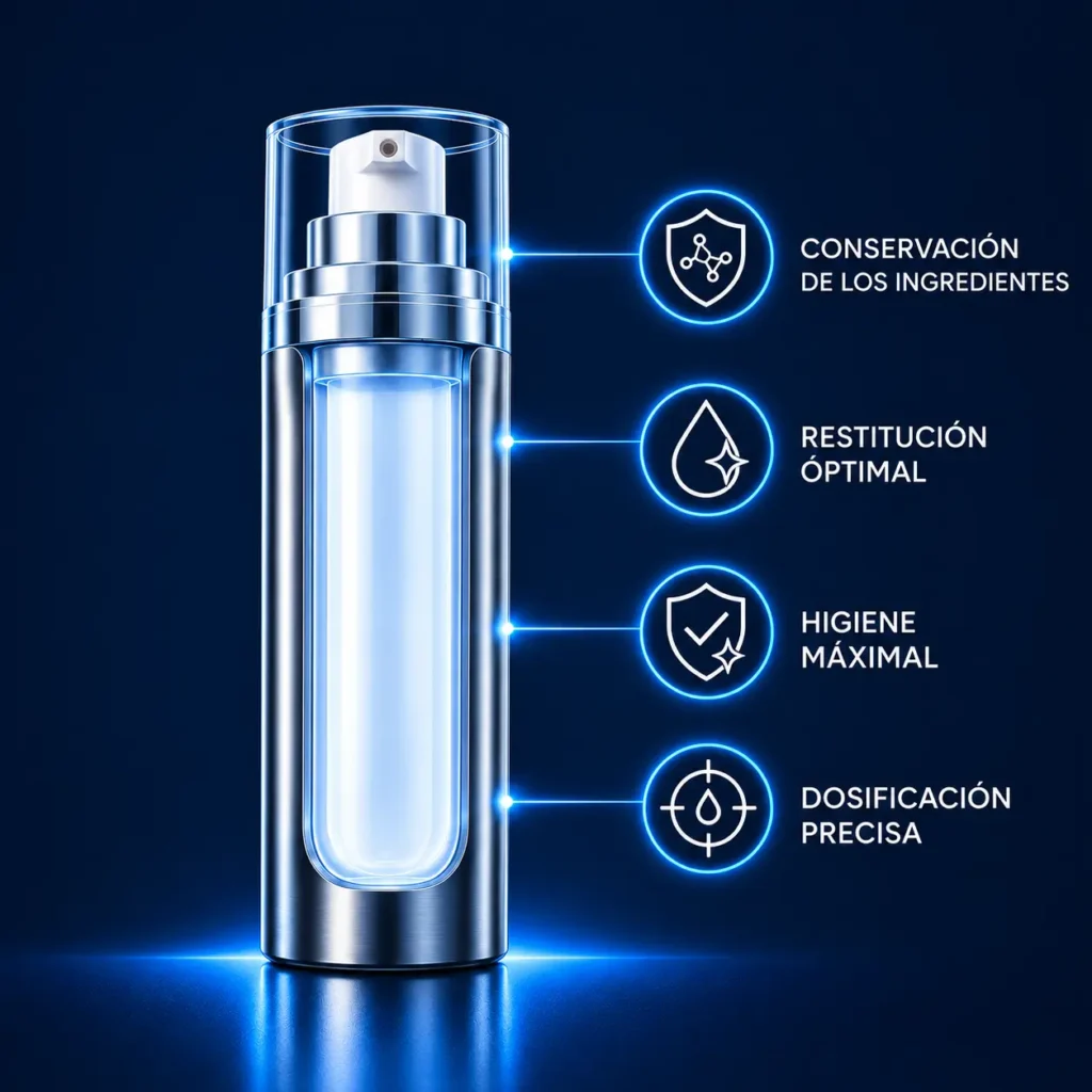 Esquema de las principales ventajas del envase airless: protección de los activos, restitución óptima del producto, higiene impecable y dosificación precisa.